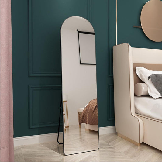 The 4st generation of floor mounted full length mirrors. Aluminum alloy metal frame arched wall mirror, bathroom makeup mirror, bedroom porch, clothing store, wall mounted.Black 59.8 "x16.5"