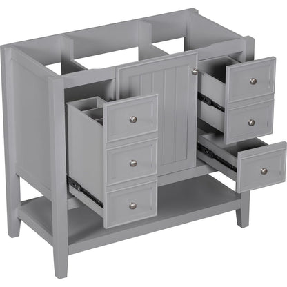 36" Bathroom Vanity without Sink, Cabinet Base Only, One Cabinet and three Drawers, Grey