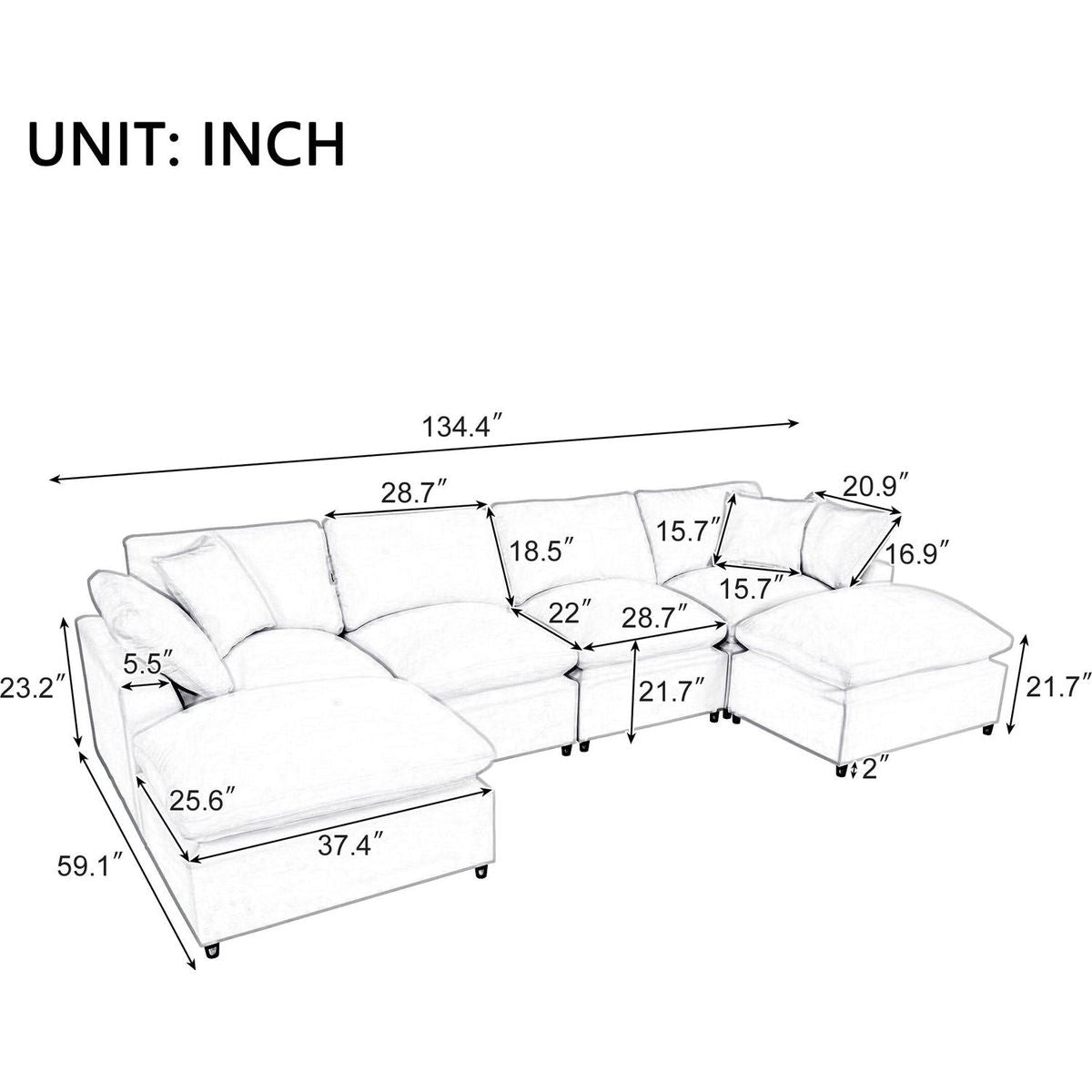 Modern Large U-Shape Sectional Sofa, 2 Large Chaise with Removable Ottomans for Living Room
