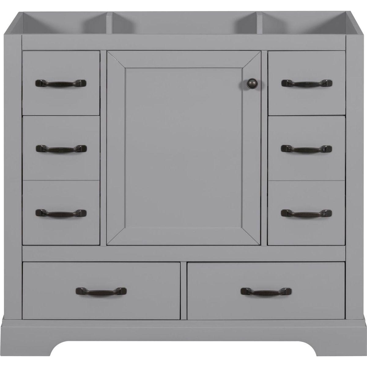 36" Bathroom Vanity without Sink, Cabinet Base Only, Six Drawers, Multi-Functional Drawer Divider, Adjustable Shelf, Grey