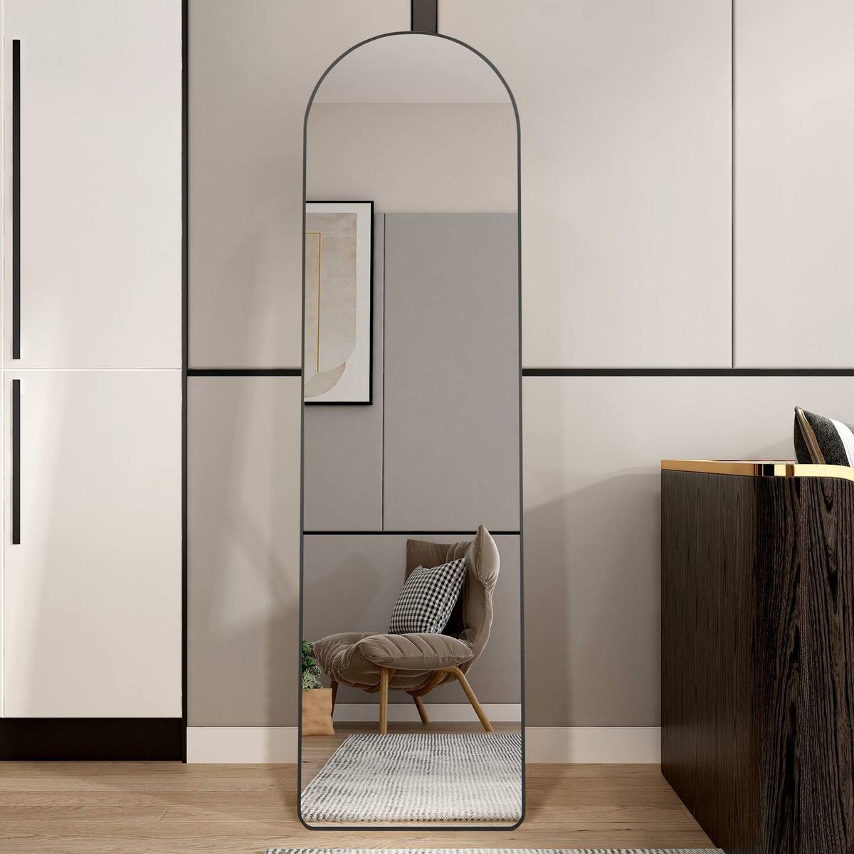 The 4st generation of floor mounted full length mirrors. Aluminum alloy metal frame arched wall mirror, bathroom makeup mirror, bedroom porch, clothing store, wall mounted.Black 59.8 "x16.5"