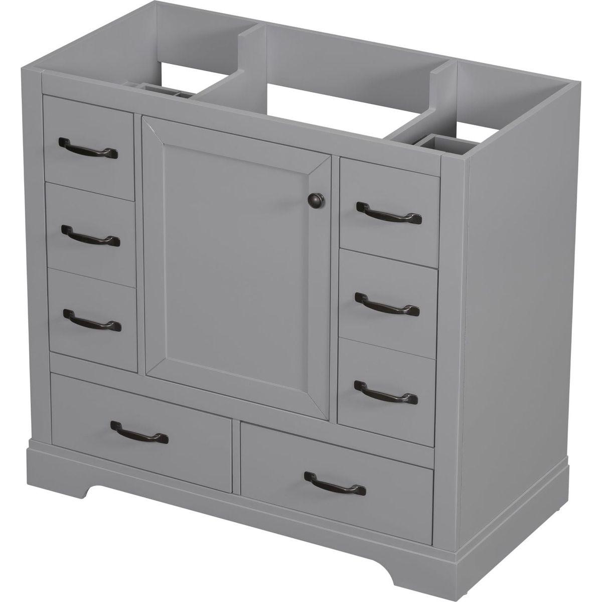 36" Bathroom Vanity without Sink, Cabinet Base Only, Six Drawers, Multi-Functional Drawer Divider, Adjustable Shelf, Grey