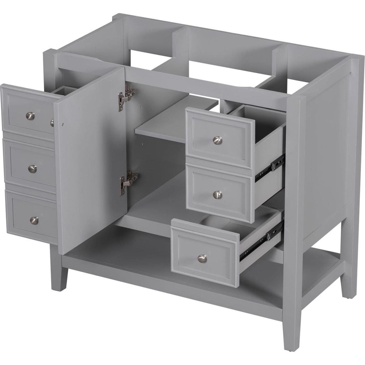 36" Bathroom Vanity without Sink, Cabinet Base Only, One Cabinet and three Drawers, Grey