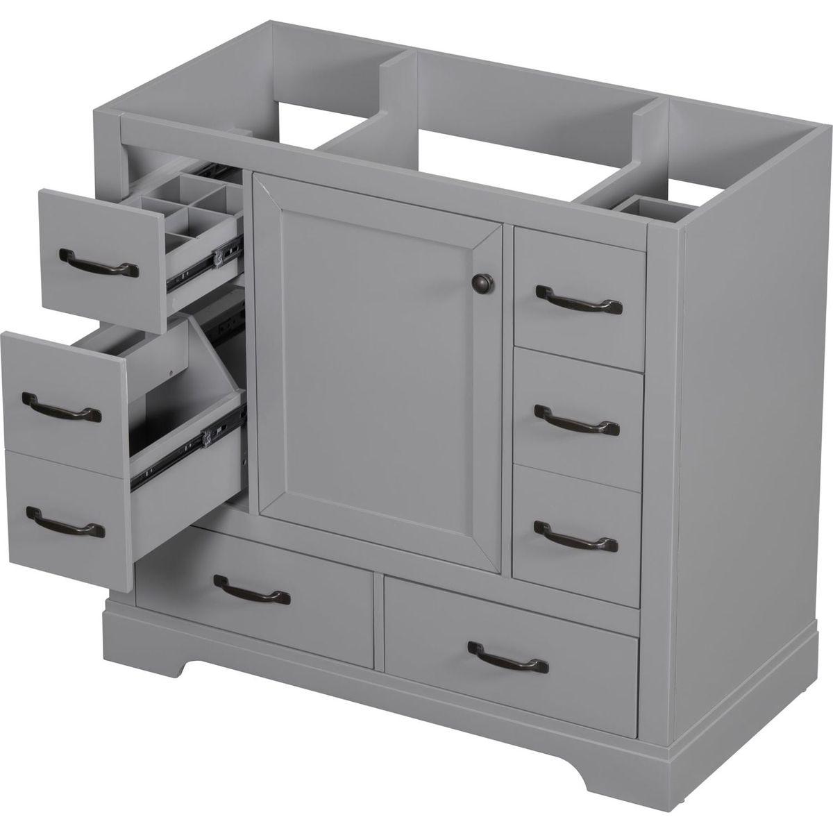 36" Bathroom Vanity without Sink, Cabinet Base Only, Six Drawers, Multi-Functional Drawer Divider, Adjustable Shelf, Grey