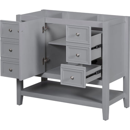 36" Bathroom Vanity without Sink, Cabinet Base Only, One Cabinet and three Drawers, Grey