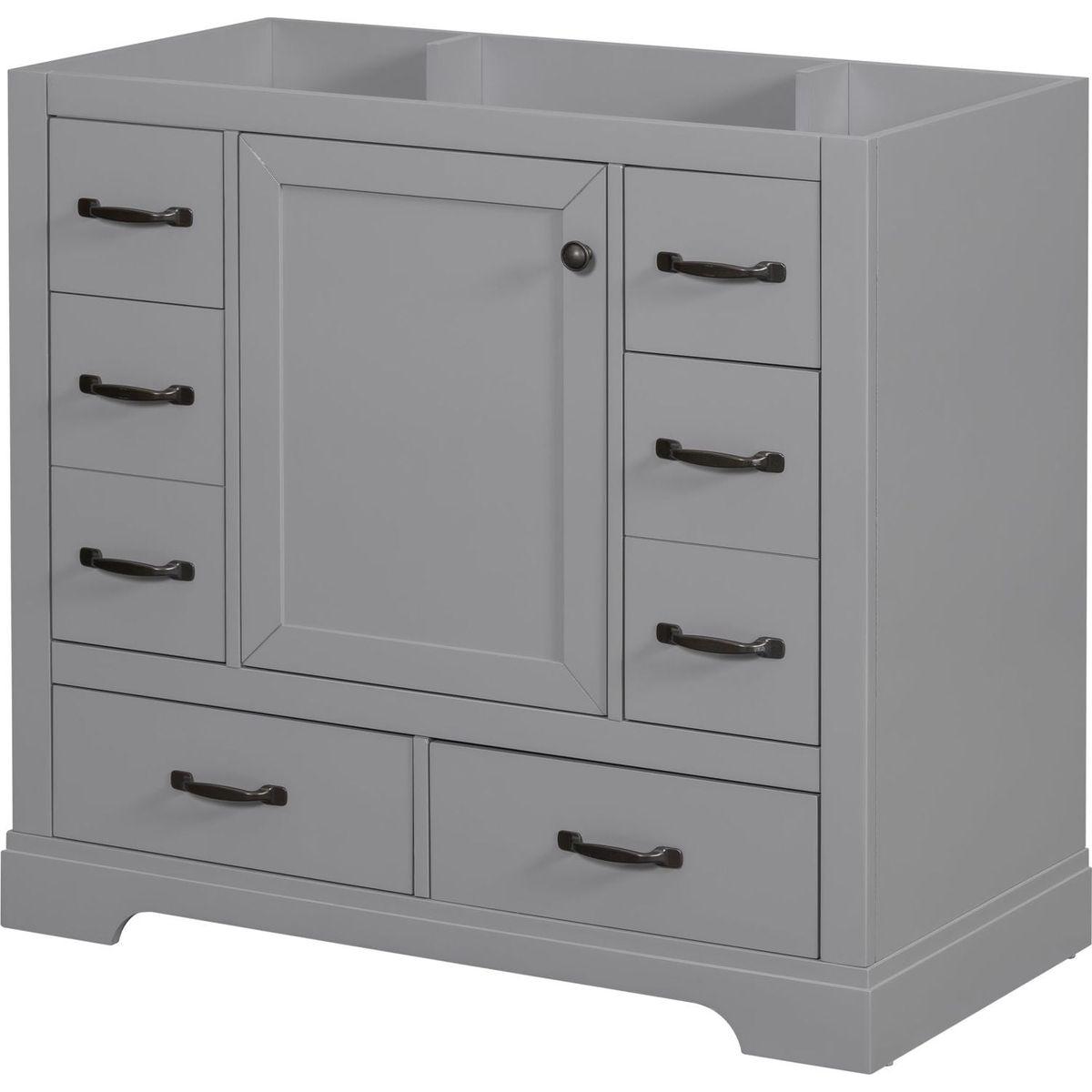 36" Bathroom Vanity without Sink, Cabinet Base Only, Six Drawers, Multi-Functional Drawer Divider, Adjustable Shelf, Grey