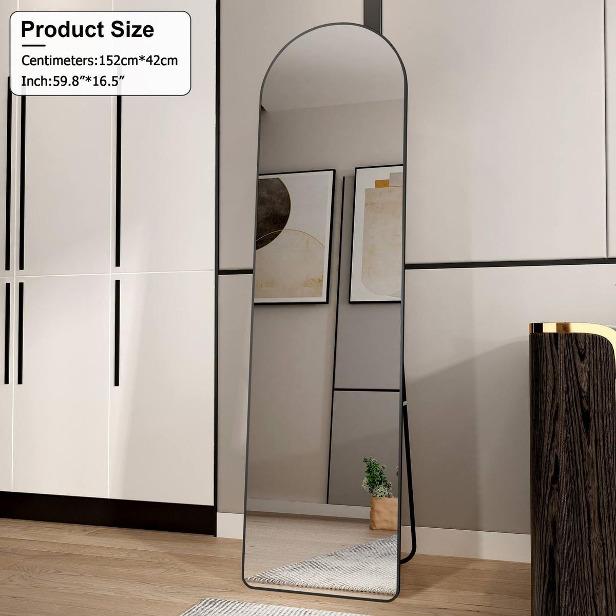 The 4st generation of floor mounted full length mirrors. Aluminum alloy metal frame arched wall mirror, bathroom makeup mirror, bedroom porch, clothing store, wall mounted.Black 59.8 "x16.5"