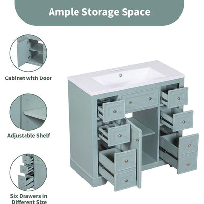 36" Bathroom Vanity without Sink, Cabinet Base Only, One Cabinet and Six Drawers, Green