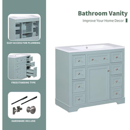 36" Bathroom Vanity without Sink, Cabinet Base Only, One Cabinet and Six Drawers, Green