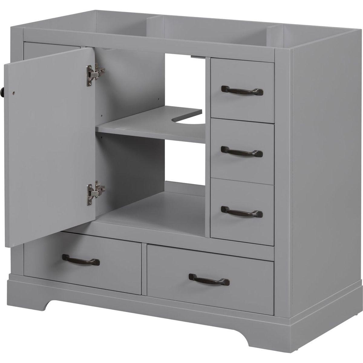 36" Bathroom Vanity without Sink, Cabinet Base Only, Six Drawers, Multi-Functional Drawer Divider, Adjustable Shelf, Grey