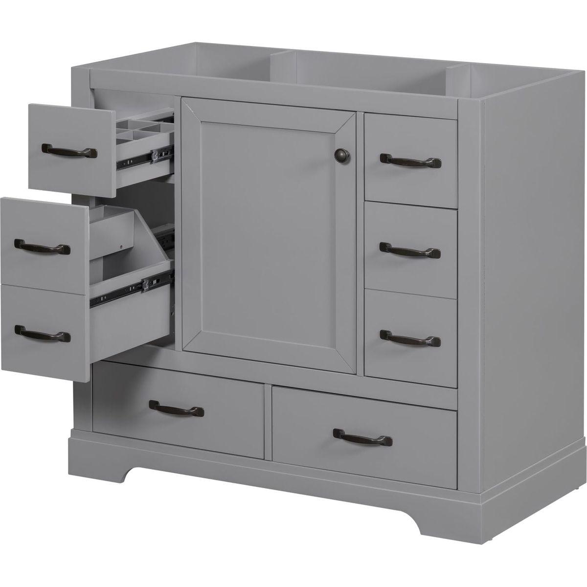 36" Bathroom Vanity without Sink, Cabinet Base Only, Six Drawers, Multi-Functional Drawer Divider, Adjustable Shelf, Grey