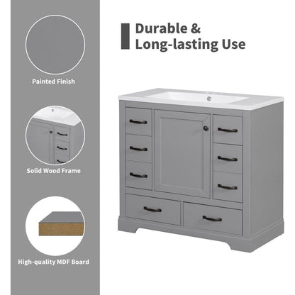 36" Bathroom Vanity without Sink, Cabinet Base Only, Six Drawers, Multi-Functional Drawer Divider, Adjustable Shelf, Grey