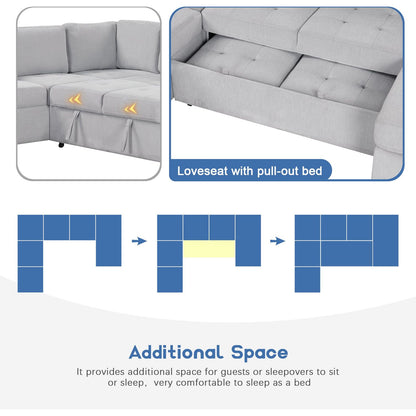 Sectional Sleeper Sofa with Pull-out Bed and Lounge Chair, USB and Type-C Interfaces, Suitable for Living Room, Office, and Spacious Spaces