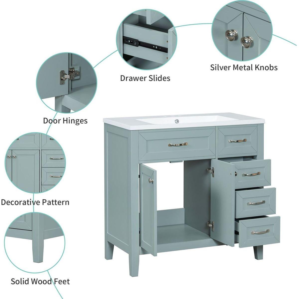 36" Bathroom Vanity without Sink, Cabinet Base Only, Bathroom Cabinet with Drawers, Solid Frame and MDF Board, Green