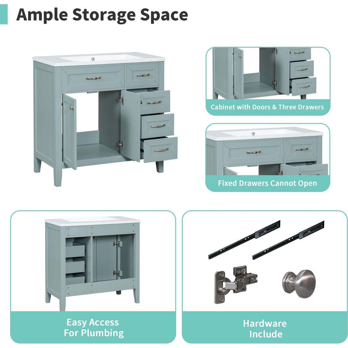 36" Bathroom Vanity without Sink, Cabinet Base Only, Bathroom Cabinet with Drawers, Solid Frame and MDF Board, Green