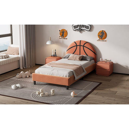 Basketball Design Upholstered Twin Platform Bed Sport Style Bed for Boys & Girls, Teens, Orange