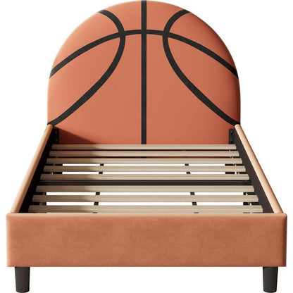 Basketball Design Upholstered Twin Platform Bed Sport Style Bed for Boys & Girls, Teens, Orange