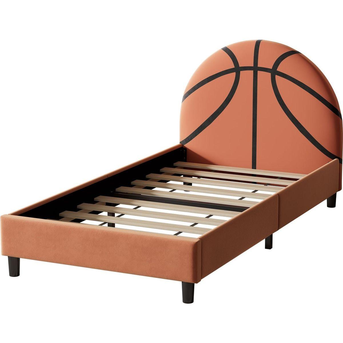 Basketball Design Upholstered Twin Platform Bed Sport Style Bed for Boys & Girls, Teens, Orange