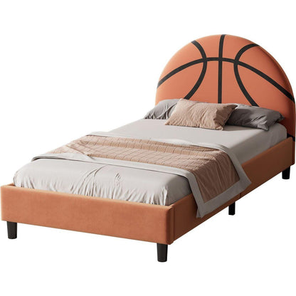 Basketball Design Upholstered Twin Platform Bed Sport Style Bed for Boys & Girls, Teens, Orange