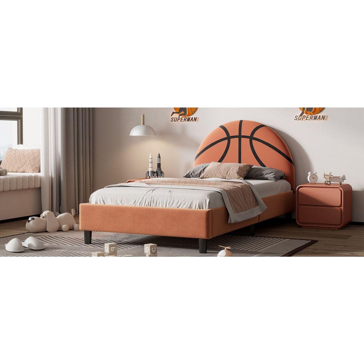 Basketball Design Upholstered Twin Platform Bed Sport Style Bed for Boys & Girls, Teens, Orange