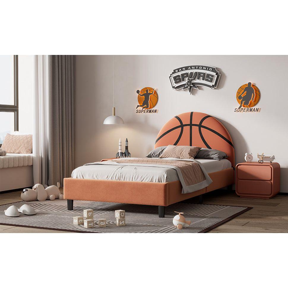 Basketball Design Upholstered Twin Platform Bed Sport Style Bed for Boys & Girls, Teens, Orange