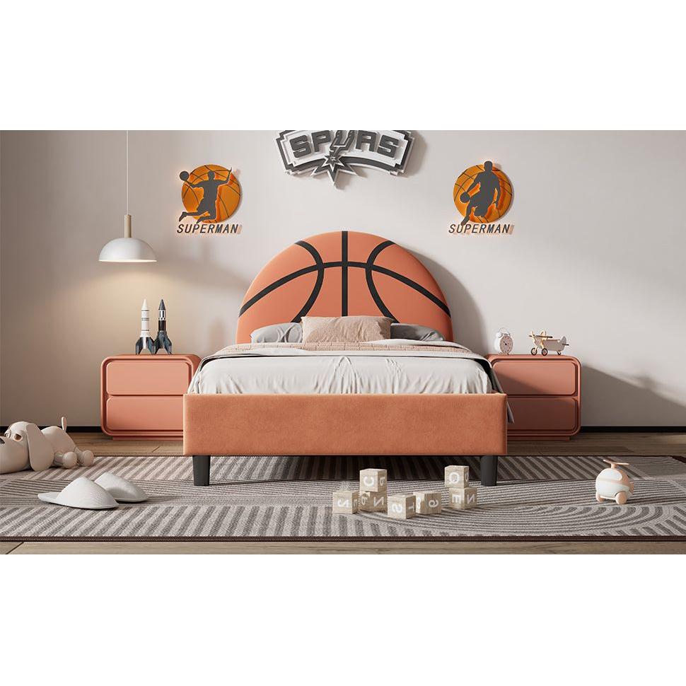 Basketball Design Upholstered Twin Platform Bed Sport Style Bed for Boys & Girls, Teens, Orange