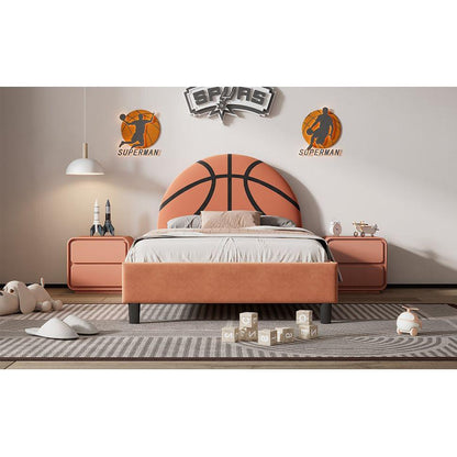 Basketball Design Upholstered Twin Platform Bed Sport Style Bed for Boys & Girls, Teens, Orange