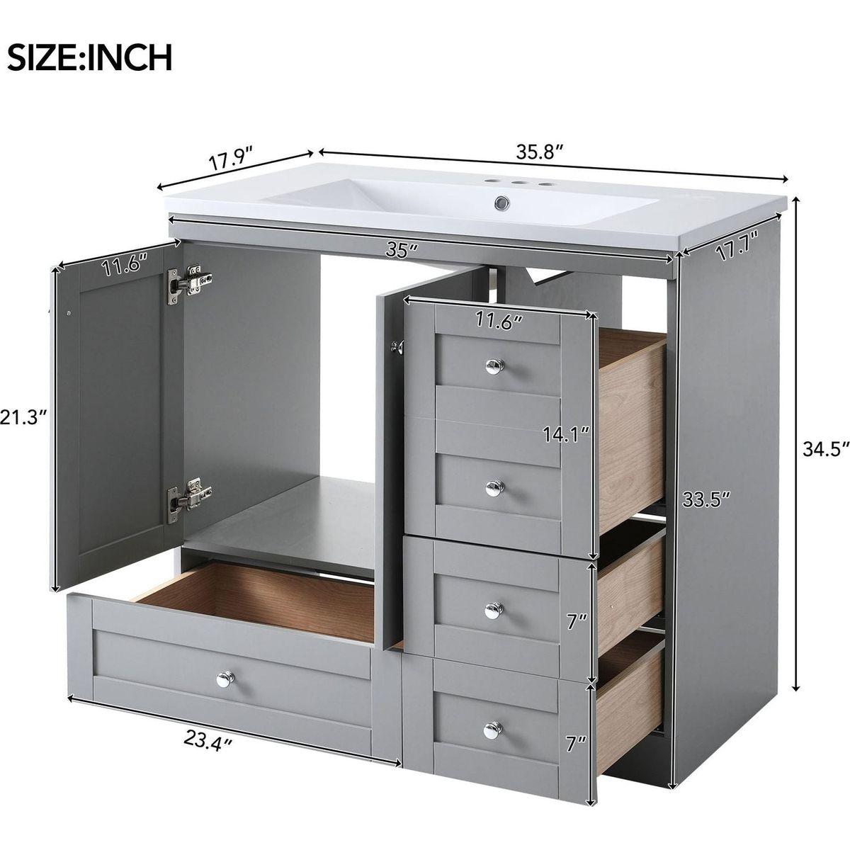 36 inch Shaker Style Free-Standing Bathroom Vanity Cabinet with Sink, 4 Soft-close Drawers and 2 Soft-close doors