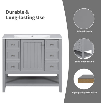 36" Bathroom Vanity without Sink, Cabinet Base Only, One Cabinet and three Drawers, Grey