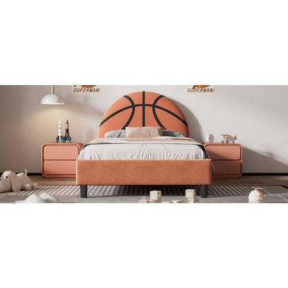 Basketball Design Upholstered Twin Platform Bed Sport Style Bed for Boys & Girls, Teens, Orange