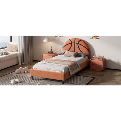 Basketball Design Upholstered Twin Platform Bed Sport Style Bed for Boys & Girls, Teens, Orange