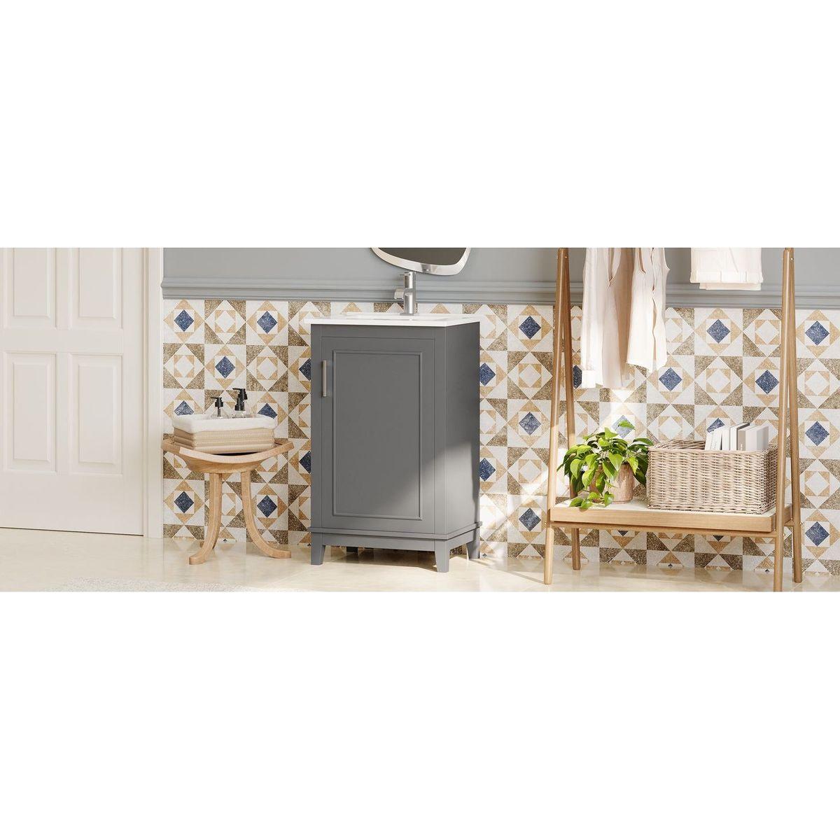 20 Inch Modern Small Bathroom Vanity Cabinet With Ceramic Basin- 20x15.5x33.3 Inches,Ample Storage,1 Soft-Close Door