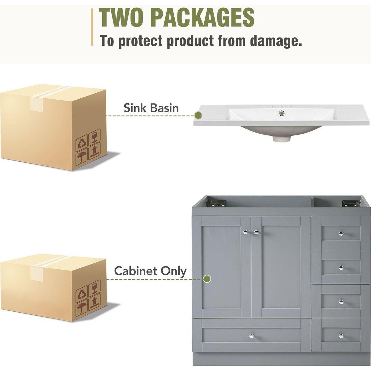 36 inch Shaker Style Free-Standing Bathroom Vanity Cabinet with Sink, 4 Soft-close Drawers and 2 Soft-close doors