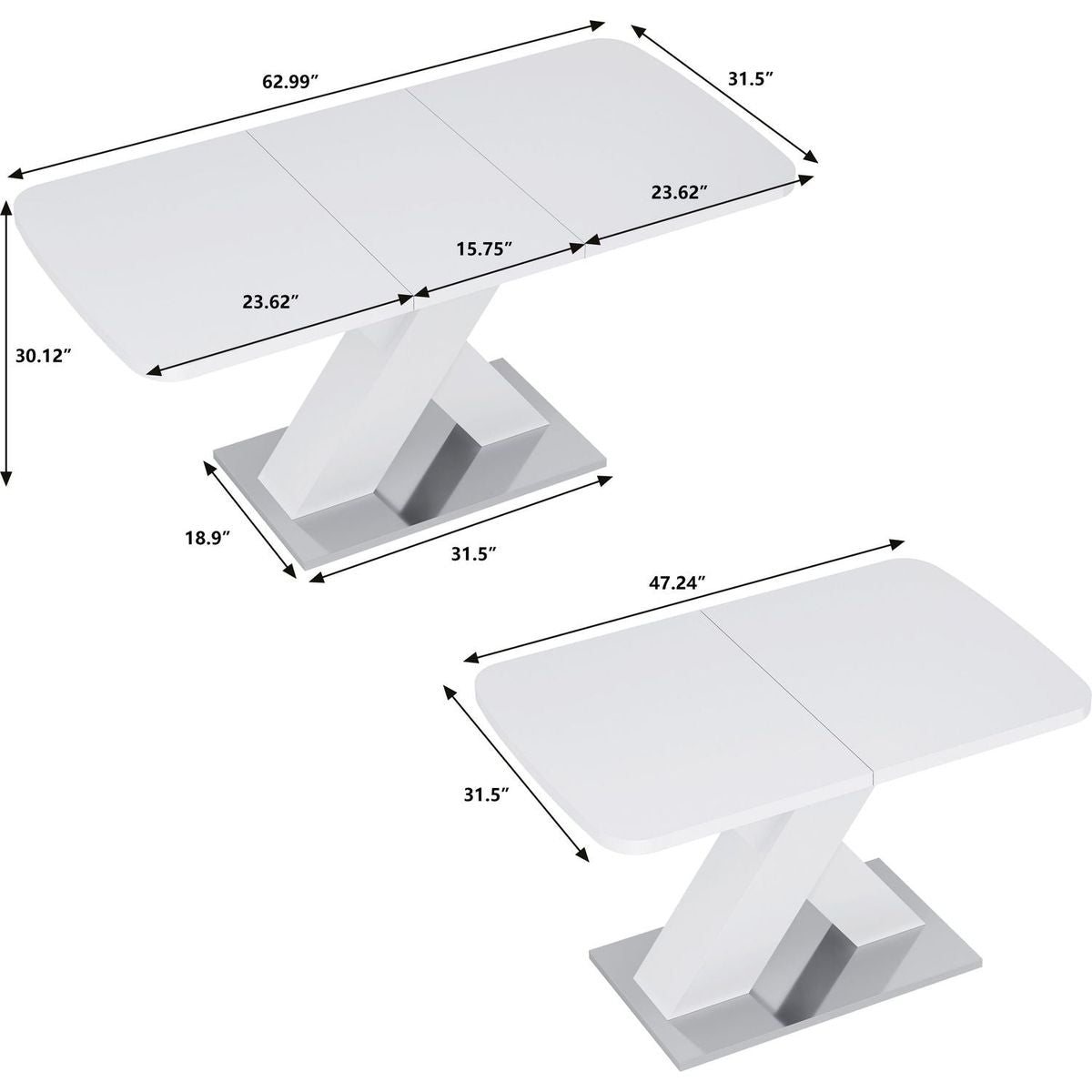 Modern Square Dining Table, Stretchable, White Table Top+MDF X-Shape Table Leg with Metal Base