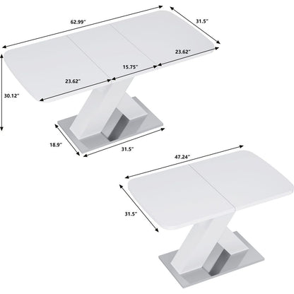 Modern Square Dining Table, Stretchable, White Table Top+MDF X-Shape Table Leg with Metal Base