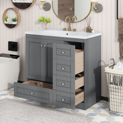 36 inch Shaker Style Free-Standing Bathroom Vanity Cabinet with Sink, 4 Soft-close Drawers and 2 Soft-close doors