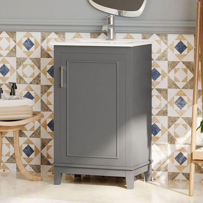 20 Inch Modern Small Bathroom Vanity Cabinet With Ceramic Basin- 20x15.5x33.3 Inches,Ample Storage,1 Soft-Close Door