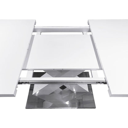 Modern Square Dining Table, Stretchable, White Table Top+MDF X-Shape Table Leg with Metal Base