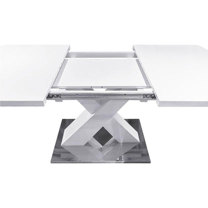 Modern Square Dining Table, Stretchable, White Table Top+MDF X-Shape Table Leg with Metal Base