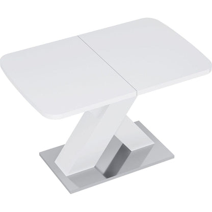Modern Square Dining Table, Stretchable, White Table Top+MDF X-Shape Table Leg with Metal Base