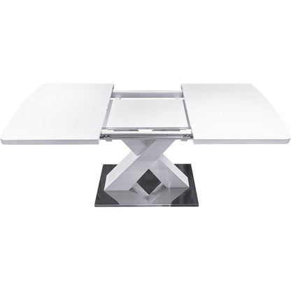 Modern Square Dining Table, Stretchable, White Table Top+MDF X-Shape Table Leg with Metal Base