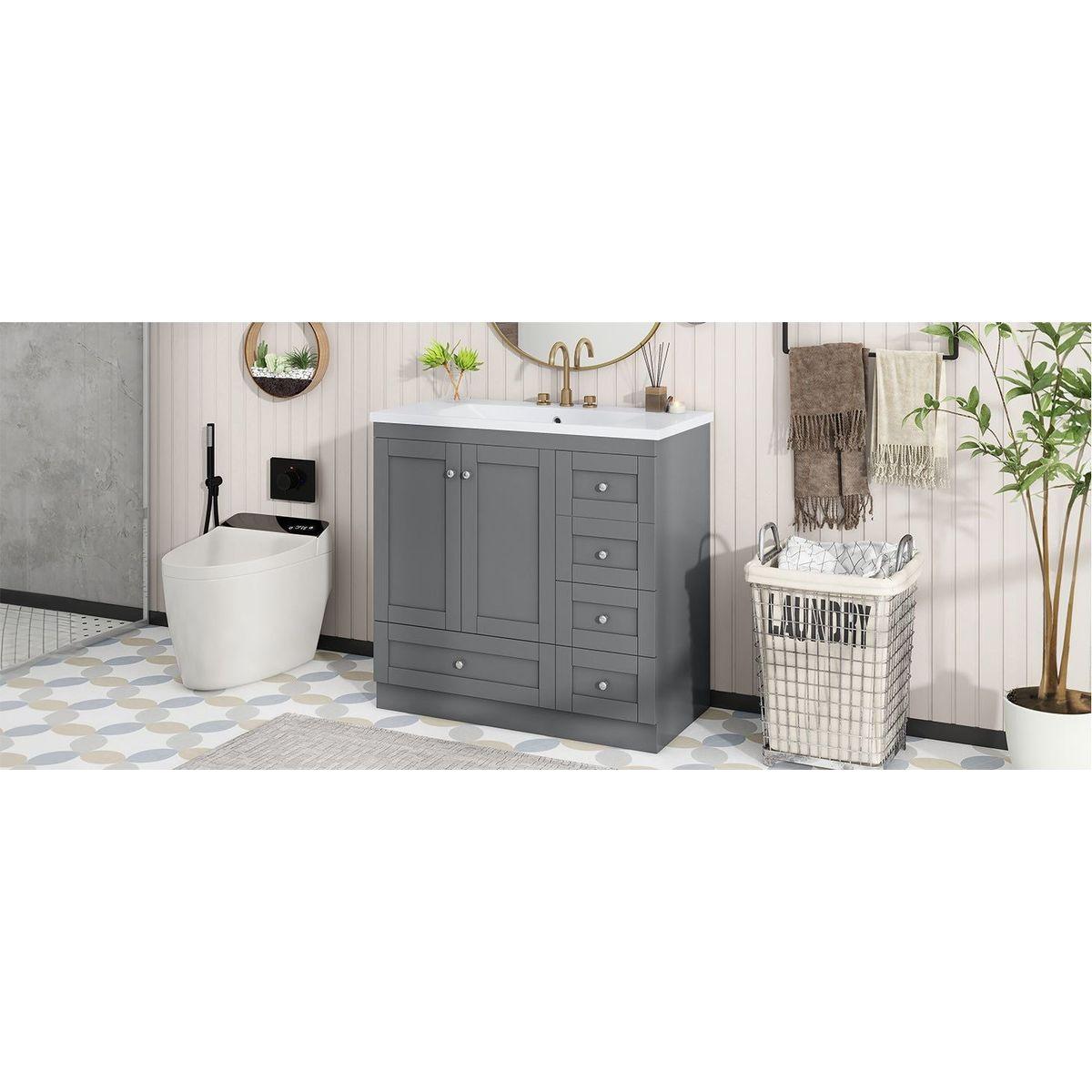 36 inch Shaker Style Free-Standing Bathroom Vanity Cabinet with Sink, 4 Soft-close Drawers and 2 Soft-close doors