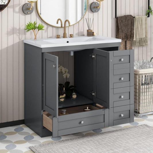 36 inch Shaker Style Free-Standing Bathroom Vanity Cabinet with Sink, 4 Soft-close Drawers and 2 Soft-close doors