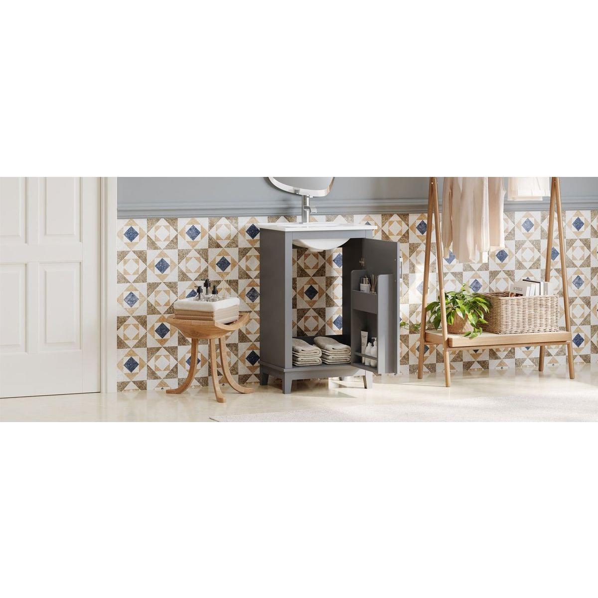 20 Inch Modern Small Bathroom Vanity Cabinet With Ceramic Basin- 20x15.5x33.3 Inches,Ample Storage,1 Soft-Close Door