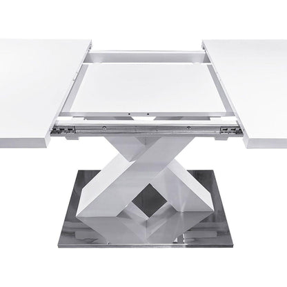 Modern Square Dining Table, Stretchable, White Table Top+MDF X-Shape Table Leg with Metal Base