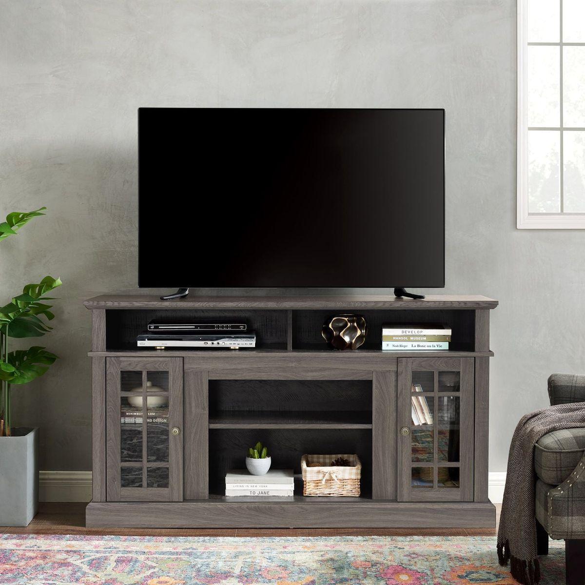 Classic TV Media Stand Modern Entertainment Console for TV Up to 65" with Open and Closed Storage Space, Dark Walnut/Black, 58.25"Wx15.75"Dx32"H