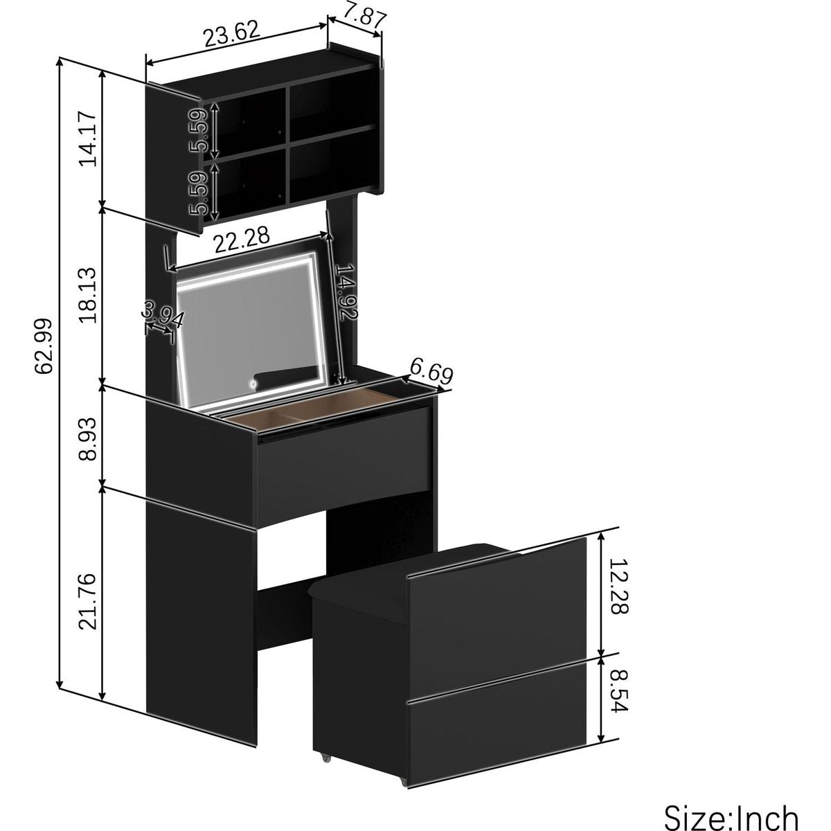 Dressing Table with Flip Top LED Illuminated Mirror, Vanity Table with Internal Storage Area, Makeup Vanity Dressing Table with Removable Upholstered Stool, Practical and Space-saving, Bedroom, Black