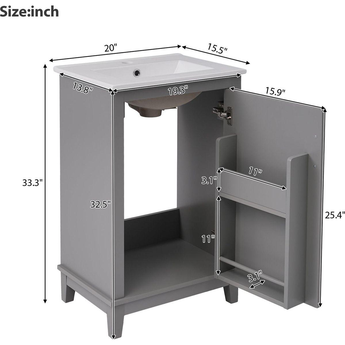 20 Inch Modern Small Bathroom Vanity Cabinet With Ceramic Basin- 20x15.5x33.3 Inches,Ample Storage,1 Soft-Close Door