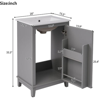 20 Inch Modern Small Bathroom Vanity Cabinet With Ceramic Basin- 20x15.5x33.3 Inches,Ample Storage,1 Soft-Close Door