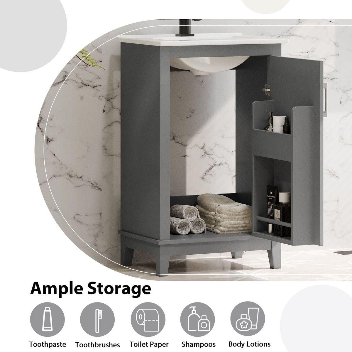 20 Inch Modern Small Bathroom Vanity Cabinet With Ceramic Basin- 20x15.5x33.3 Inches,Ample Storage,1 Soft-Close Door